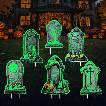 Halloween Tombstone Decorations Outdoor, 6PCS 14" Glow in the Dark Graveyard Yard Signs with Stakes, Haunted Gravestones Lawn Signs for Halloween Cemetery Garden Yard Decoration Supplies