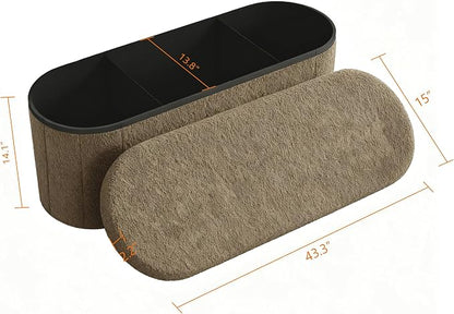 GLAXYFUR Oval Storage Ottoman Bench, Sherpa Foot Rest, 43 Inch Folding Chest for Living Room, Bedroom (Brown)