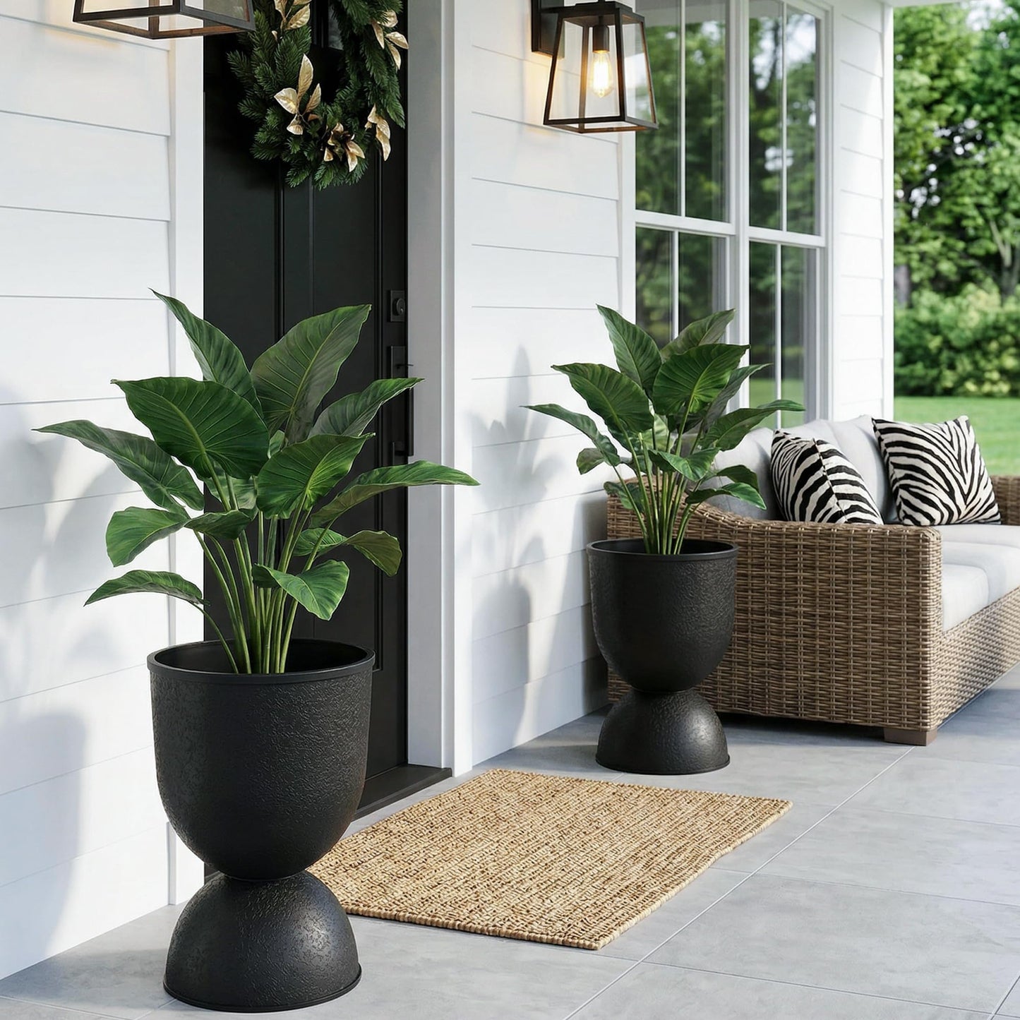 KOL Planters Flower Pots, Plastic Urn Planters for Indoor Outdoor Plants, Black Pedestal Planter Pots 2 Pack, 15 Inch Tall Decorative Planters with Drainage Holes & Plugs for Front Porch Patio Garden