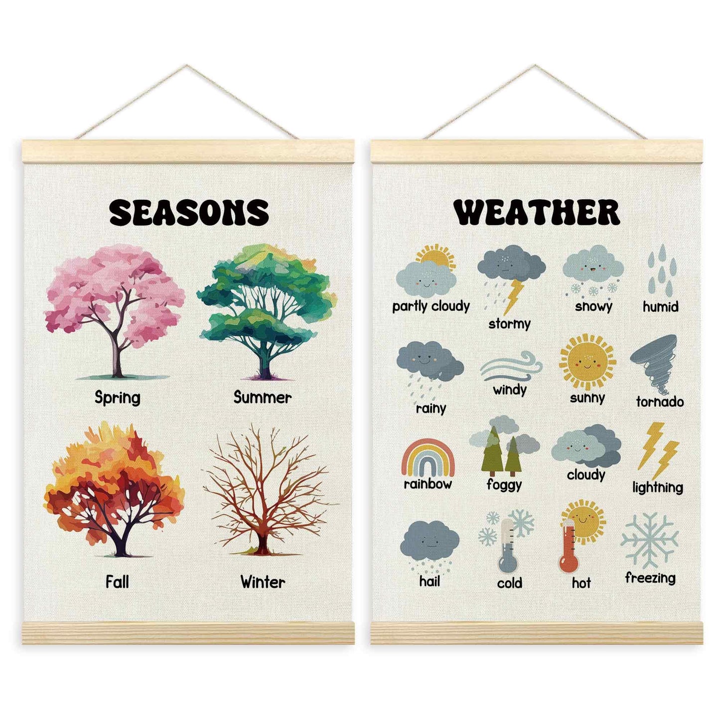 TLESKE 4 Seasons Weather Chart Poster Hanger Frame for Toddler Kid Classroom Set of 2, Homeschool Hanging Wall Art Decor for Nursery Playroom, Preschool Prek Learning Educational Poster, 16x24