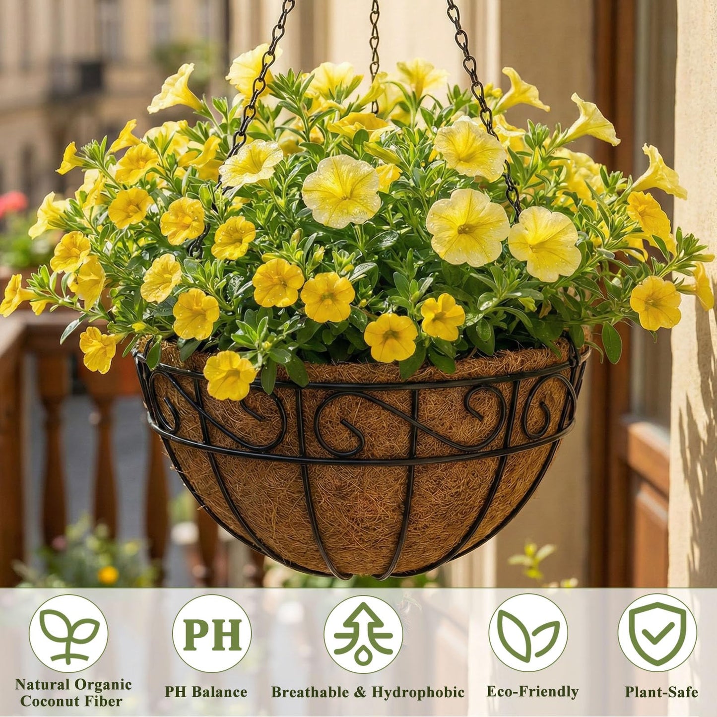 HZXXJCO 2 Pack Hanging Baskets for Plants Outdoor 14 Inch Metal Hanging Planters with Coco Coir Liner, Round Hanging Flower Pots for Home Garden Patio Balcony Porch