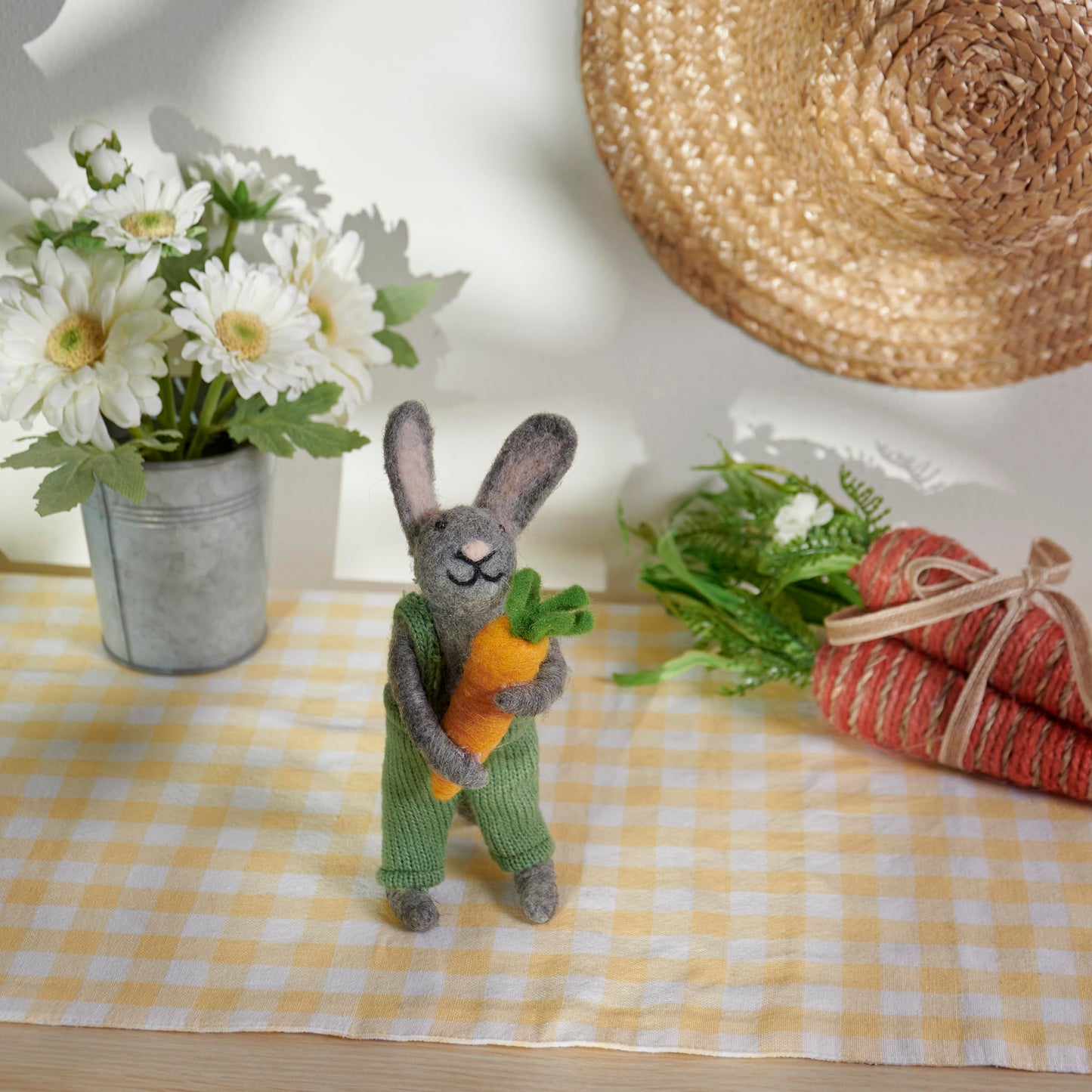 Primitives by Kathy Garden Rabbit Collectible Felt Critter, 9.75-inch, with Handmade Details, Holding Large Carrot, use for Tiered Tray or Tablescape with Our Other Easter & Spring Figures and Decor