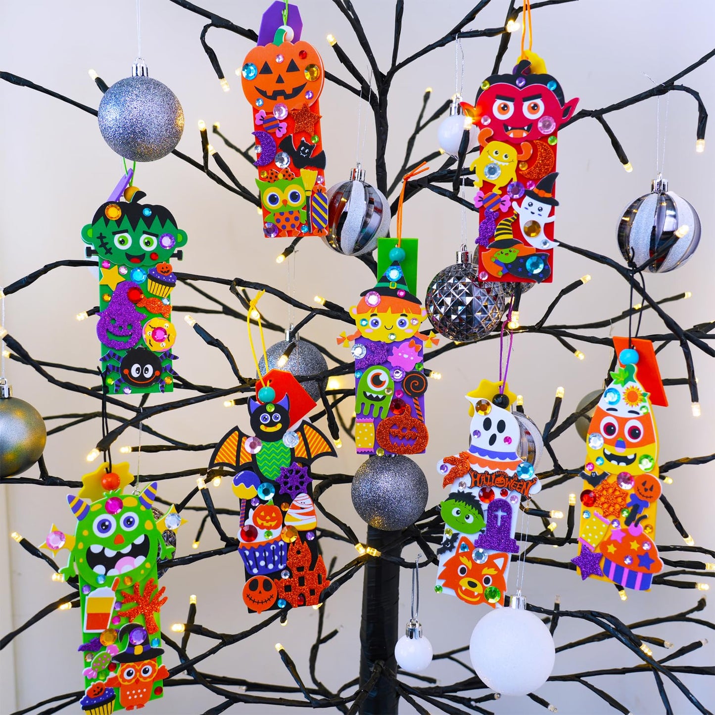 Winlyn 24 Sets Halloween Craft Kits Fall Crafts DIY Candy Corn Bat Ghost Witches Bookmark Ornaments Art Sets Foam Stickers Arts and Crafts for Kids Classroom Activities Trick-or-Treaters Party Favors