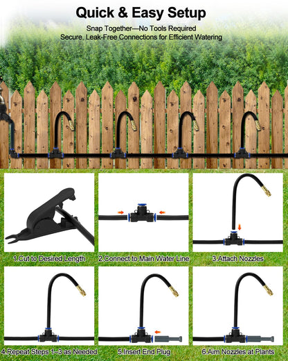 Upgraded 5/16" Drip Irrigation Kit (100FT), High-Flow Garden Watering System with 16 Bendable 360° Brass Misting Nozzles, Quick-Push Connectors & Leak-Proof Design for Patio, Greenhouse & Flower Beds