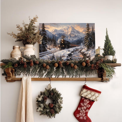 XWNLTEPK Winter Train Scenery Canvas Print Poster Wall Art Wall Decoration Winter Atmosphere Poster Suitable for Living Room Bedroom Farmhouse Home Decor Christmas Snow Mountain Pine Tree