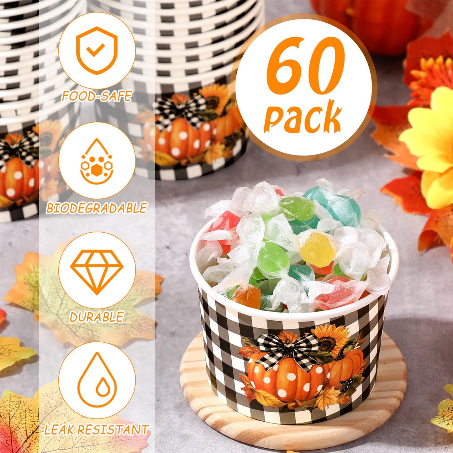 Sabary 60 Pieces 9 oz Fall Disposable Paper Bowls Thanksgiving Treat Snack Cups Pumpkin Paper Candy Dessert Bowls Buffalo Plaid Soup Cups Harvest Thanksgiving Party Supplies for Hot Cold Food