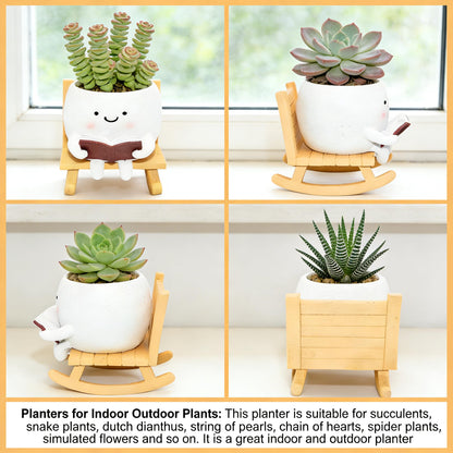 LAUGOKEBE Smily Face Reading Book Planter Pot, Cute Resin Flower Head Planters for Indoor Outdoor, Unique Sit Rocking Chair Succulent Pots with Drainage Hole Gift IdeaI for Christmas