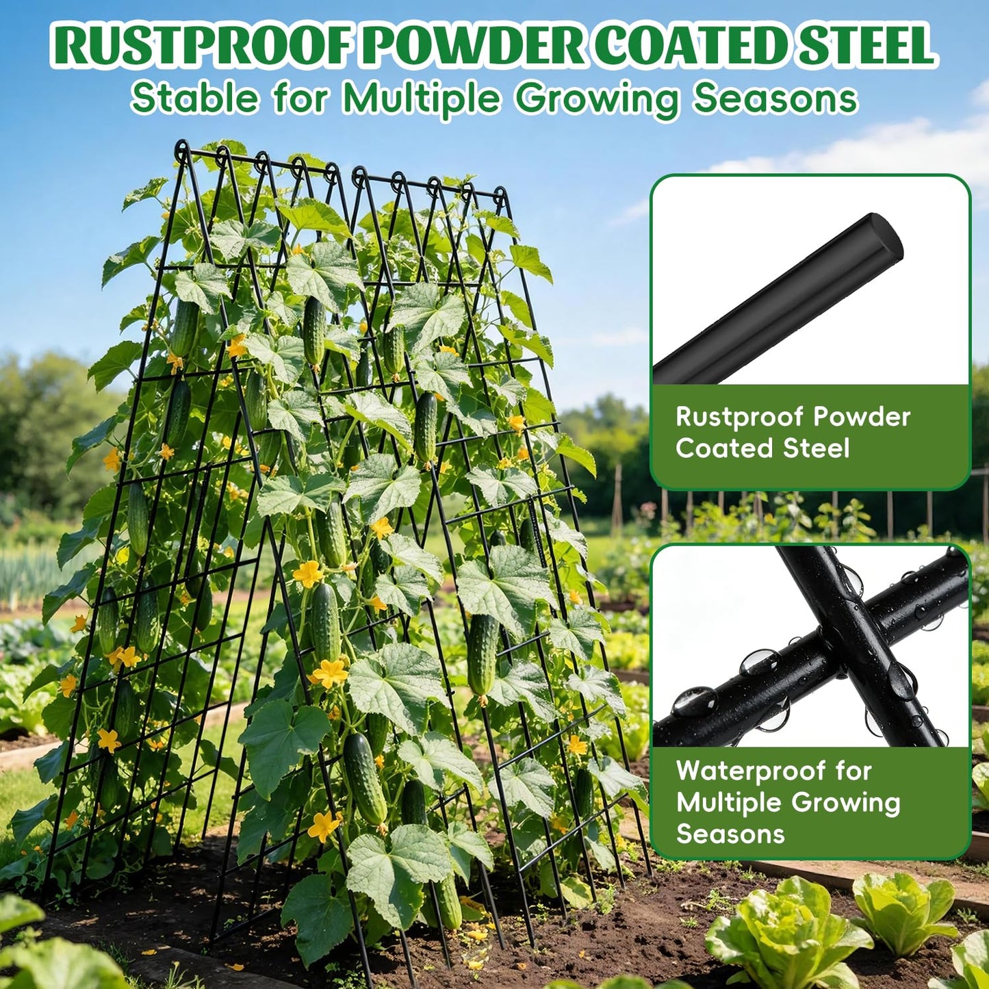 DOLEMODUO 2 Pack Cucumber Trellis, 60inch A-Frame Rustproof Steel Wire Garden Trellis for Raised Beds, Heavy Duty Climbing Plants Supports for Cucumber,Tomato, Climbing Plants and Flowers