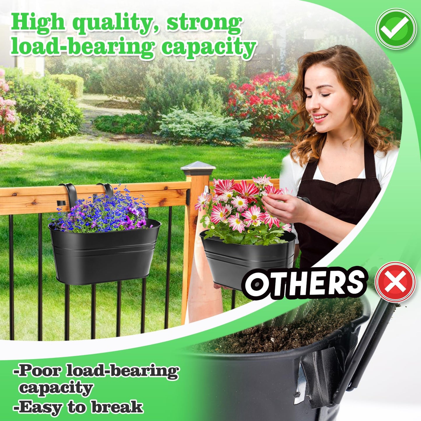MADHOLLY Railing Planter with Drainage Holes - 6Pcs Sturdy Bucket Pots for Railing Fence, Countryside Style Metal Flower Pots for Herbs Balcony Garden Yard Decor, Black