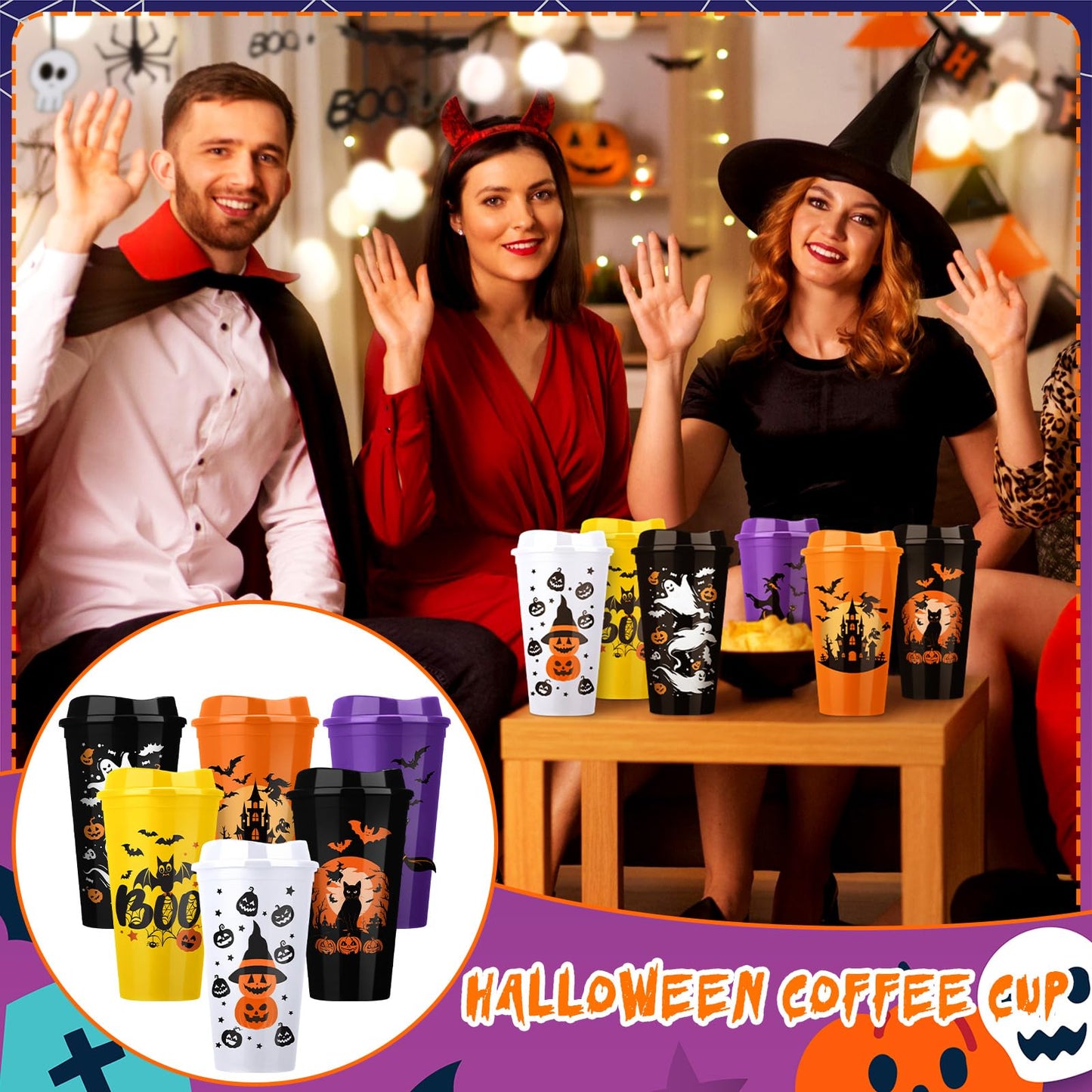 Pickmesh 12 Pack Halloween Reusable Coffee Cup Gift Bulk 16 oz Witch Bat Pumpkin Black Cat Horror Pattern Tumblers with Lid Plastic Cups Travel Coffee Mug Thank You Gifts for Hot and Cold Drinks