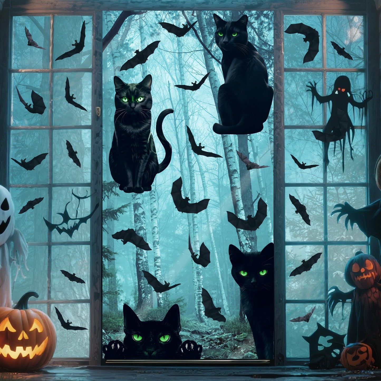 Halloween Decorations Window Clings,4 Sheet Large Black Cats Halloween Window Stickers,Bats Silhouette Window Decals for Indoor School Home Office Party Decor