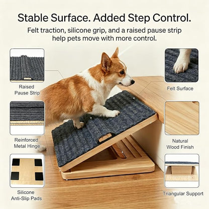 6 Pack Dog Ramp for Stairs – Solid Wood Adjustable & Foldable, 4 Heights, Non-Slip Silicone Base, Traction Felt, Raised Pause Strip, 35lb for Small & Senior Dogs