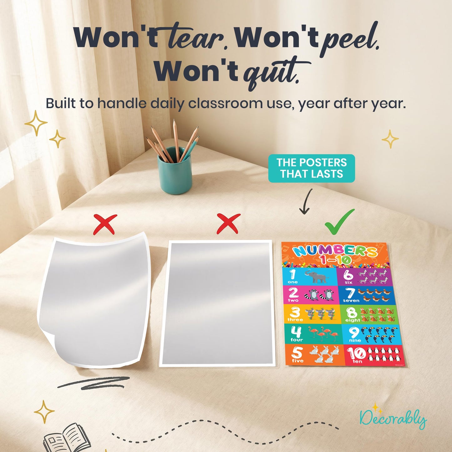 Decorably 20 Vibrant Learning Posters for Toddlers 1-3, 11x17in Educational, Matte-Laminated Classroom Decor - for School Hallways, Bulletin Boards, Home Study Room