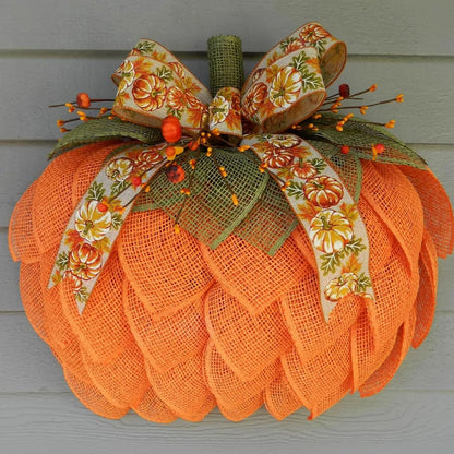 Farmhouse Pumpkin Wreath for Front Door, Autumn Wreath with Bows and Berries, Burlap Pumpkin Garland for Autumn Fall Halloween Thanksgiving Wall Decor