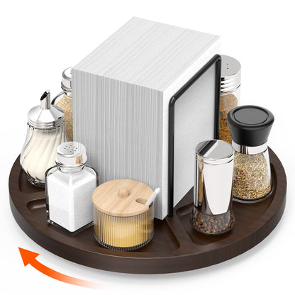 FODIENS Napkin Holder for Table, Rotating Napkin Dispenser with Salt and Pepper Shakers Storage, Standing Paper Napkin Organizer for Kitchen Dining Table Decor (1, Brown Round)