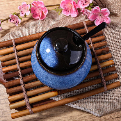 BOSILI Ceramic Sugar Bowl Set of 2, Reactive Glaze Sugar Containers with Lids and Stainless Steel Spoons, Kitchen Canisters for Sugar, Spices, Coffee and Tea