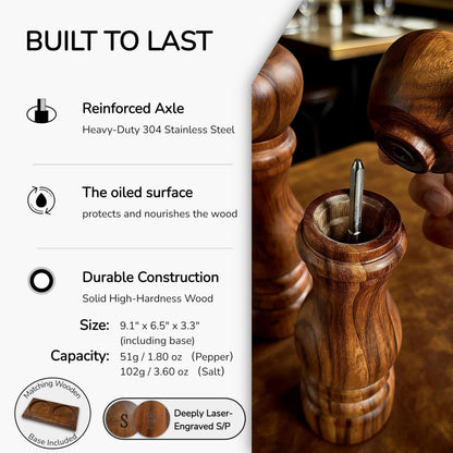 Aurevit Wooden Salt and Pepper Grinder Set, Manual Salt and Pepper Mill with Ceramic/Stainless Steel Core, Refillable Salt Grinder with External Adjustable Coarseness, 9” Tall (Chocolate)