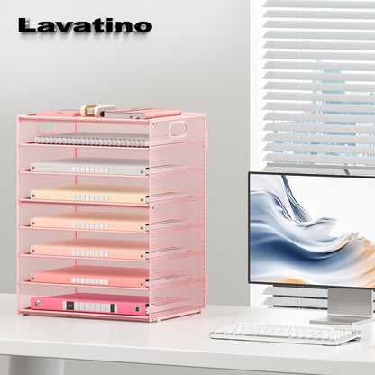 Lavatino 8-Tier Letter Tray Desk Paper Organizer, Mesh File Sorter Tray Organizer for Desk Office Supplies & Home Organization, Fits A4 Paper, Mail, Magazines and Office Accessories (Pink with Handle)