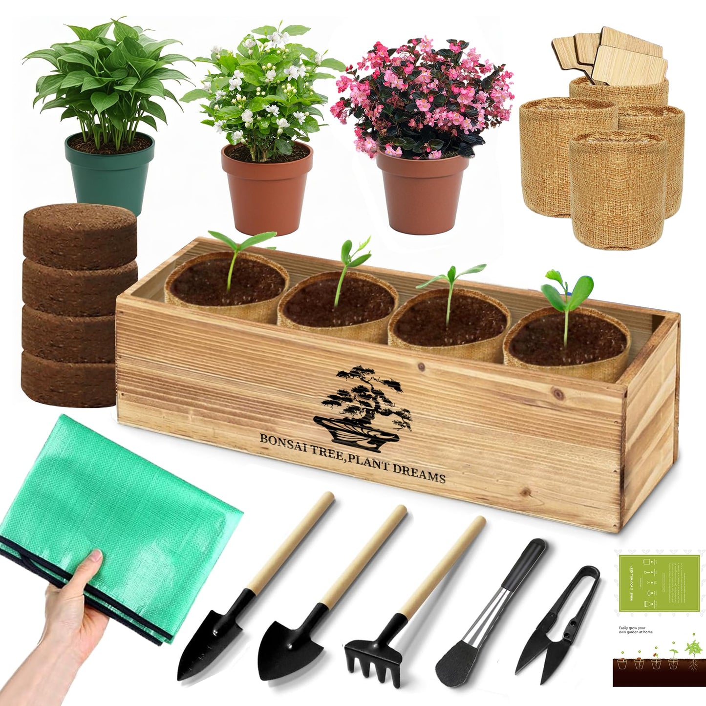 Premium Bonsai Kit,Complete Bonsai Starter Kit with Wooden Gift Box,repotting mat, Burlap Pots & Gardening Tools, DIY Bonsai Plant Set for Adults & Beginners (Seeds Excluded)Birthday Thanksgiving gift