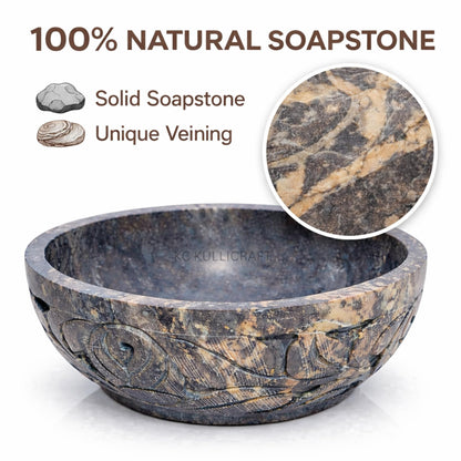 KC KULLICRAFT Marble Soapstone Natural Smudge Pot | Stone Bowl | Scrying And Smudge Bowl (Scrying - Bowls & Mirrors) (5 Inch) From India. Handmade Leaf Carved Design.