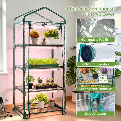 Kelived 4 Tier Indoor Greenhouse with Grow Light Seed Starting Small Portable Green Houses with Waterproof Cover