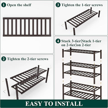 Smiry Bamboo Shoe Rack, 5 Tier Free Standing Wooden Shoe Organizer, Stackable Wood Shoe Storage Shelf for Closet, Entryway, 12 Vertical Slats, 2+2+1 Stack Standard Legs, 26.8"x11"x32.5", Brown