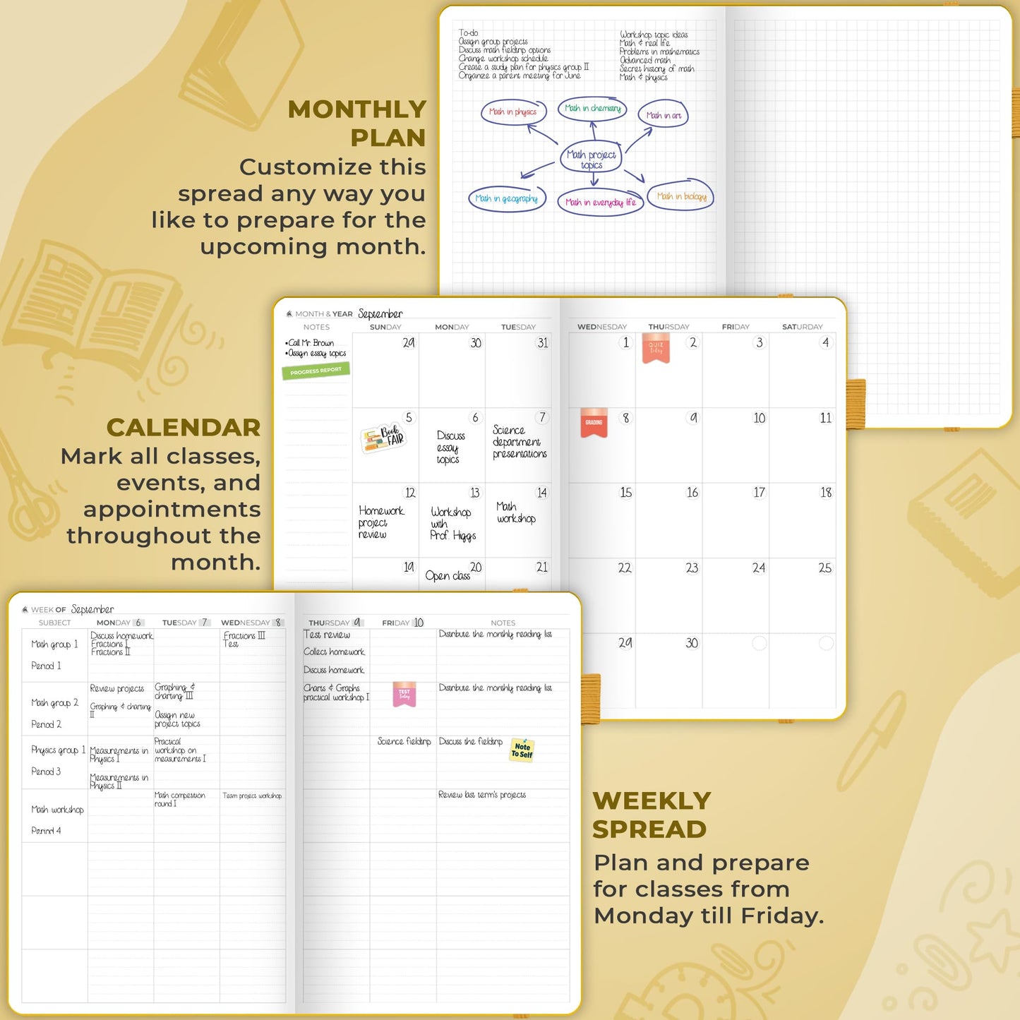 Clever Fox Teacher Planner – School Year Planner with Calendars & Lesson Plans – Teacher Plan Book for Classroom & Homeschool Organization - Undated, A5 Size, Hardcover (Amber Yellow)