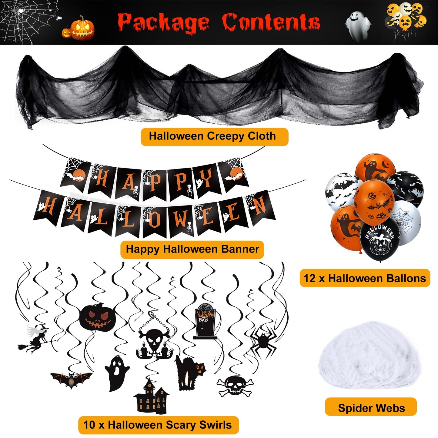LINAYE Halloween Party Decorations Kit Indoor Outdoor | Halloween Hanging Swirl Decorations, Banner, Creepy Cloth, Balloons, Spider Web Hanging Decorations Decor Set Pack