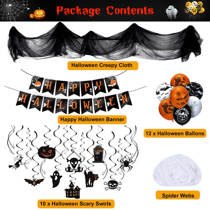 LINAYE Halloween Party Decorations Kit Indoor Outdoor | Halloween Hanging Swirl Decorations, Banner, Creepy Cloth, Balloons, Spider Web Hanging Decorations Decor Set Pack