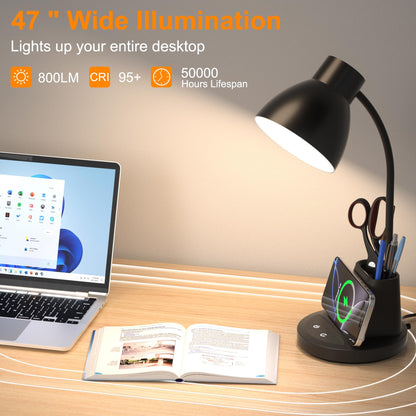 Sailstar Desk Lamp for Home Office, 10W Wireless Charging, Eye-Caring LED Desk Light, CRI 95+ 3 Color Modes Stepless Dimming Pen Holder, 360° Flexible Arm Desk Lamps for College Dorm, Adapter Included