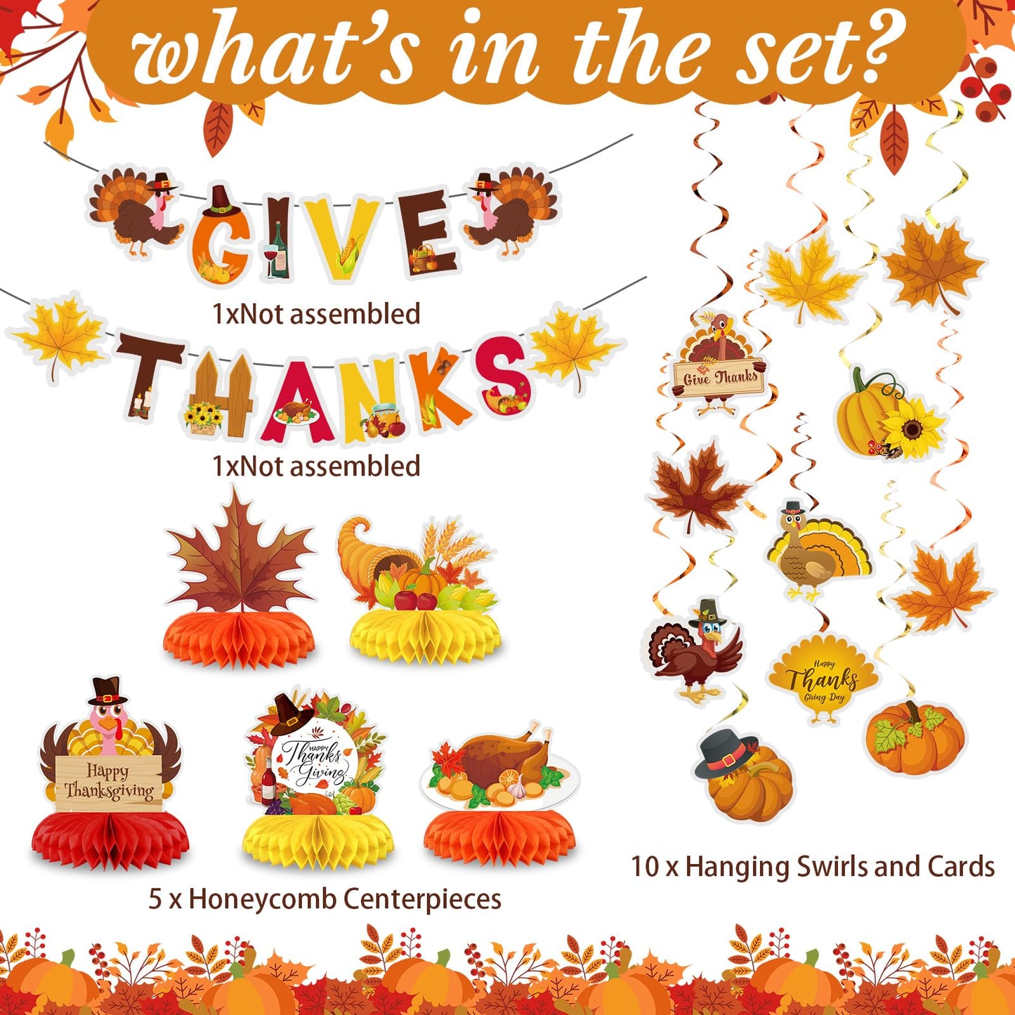 Blosssound 29 Pcs Thanksgiving Party Decorations - Turkey Pumpkin Maple Leaf Honeycomb Centerpieces, Give Thanks Hanging Swirls Banners for Fall Birthday Party Supplies