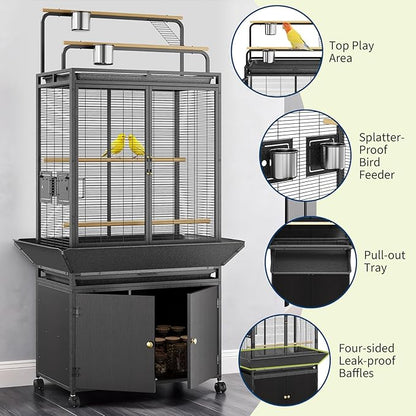 Garvee 71" H Rolling Bird Cage,Large Rolling Birdcage with Top Stand & Storage Cabinet,Black Walnut Wood Parakeet Cage for Macaw Parrot Cockatiel Budgie