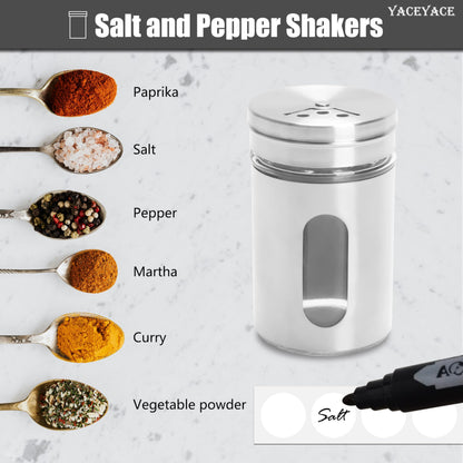 YACEYACE Stainless Spice and Salt Shakers, 6Pcs 3oz Part Clea Salt and Pepper Shakers with Holes and Adjustable Lids, Spice Jars with Label