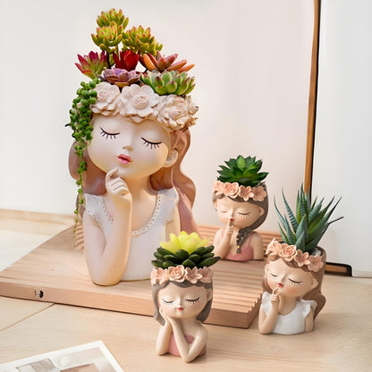 Cute Succulent Plant Pot with Drainage Hole large girl face planter pot big Resin lady head planter 11 inch tall flower vases for indoor and Outdoor plants fairy garden gift for female plants lover