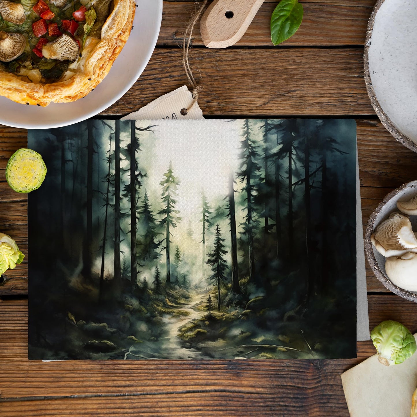 XNXLDYLH Dark Green Forest Camping Kitchen Towels and Dishcloths Sets of 2, Black Forest Mountain Bathroom Room Decor, Rustic Cabin Decor Dish Hand Tea Towels for Bathroom Kitchen, 16x24 Inch