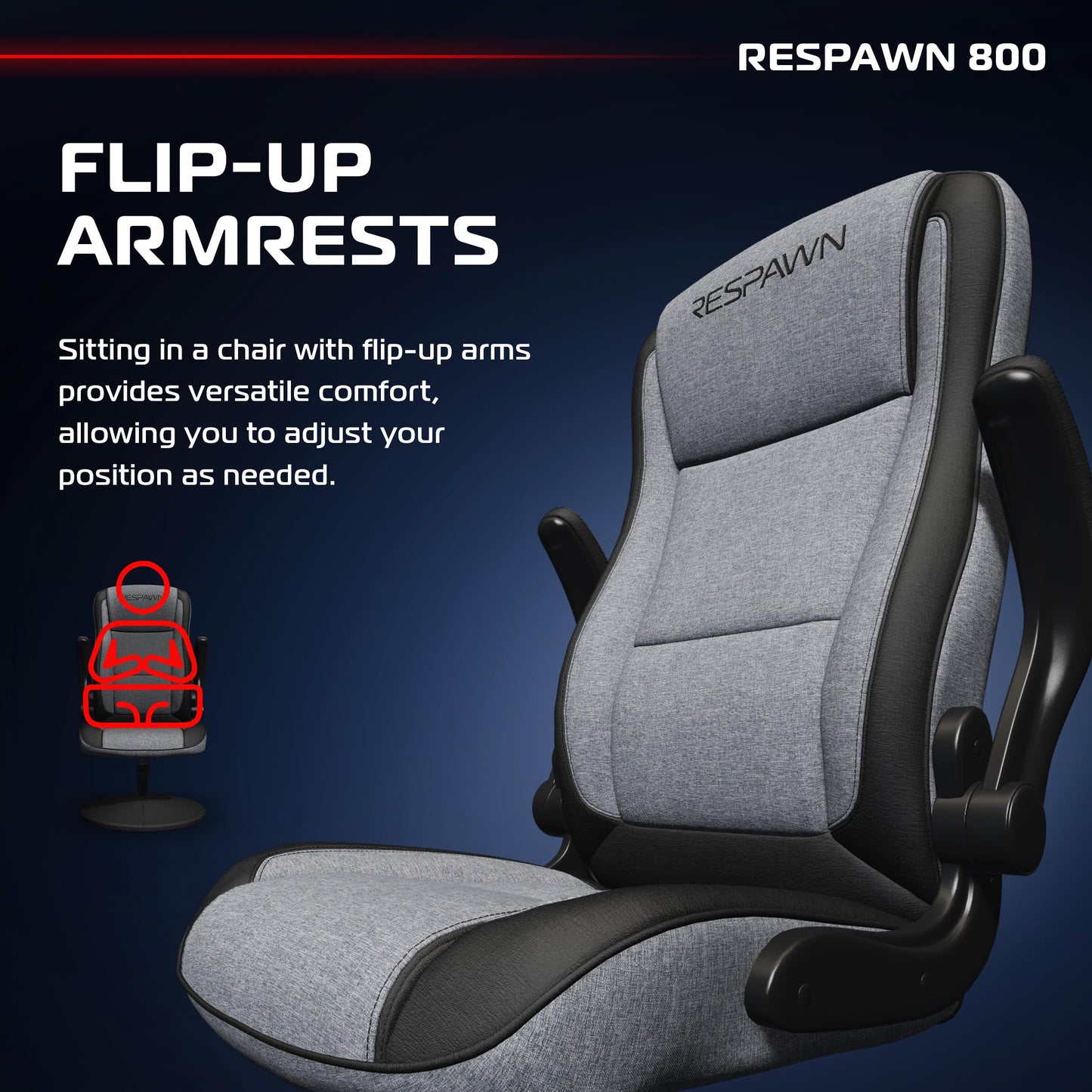 RESPAWN 800 Gaming Chair - Swivel Rocker With High Back, Ergonomic Floor Design for Kids and Adults, Recliner With Armrests - Grey Fabric