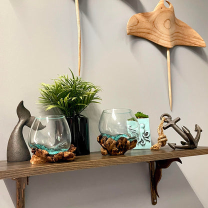 Melted Glass on Gamal Root Wood Decorative Bowl, Vase, and Terrarium Planter - Approximately 5 Inches High - Nature-Inspired Artistry for Home and Garden