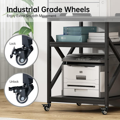 Printer Stand, 23.6 x 23.6 x 30.1 Inches Large Square Printer Table with Height Adjustable Storage Shelf, 3 Tier Rolling Printer Cart with Industrial Wheels for Home Office - Black