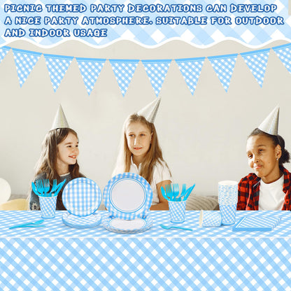 Preboun 198 Pcs Gingham Party Supplies for 24 Guests Checkered Plaid Tablecloth Pennant Banner Plate Cup Napkin and Cutlery for Picnic BBQ Birthday Baby Shower Party(Light Blue, White)