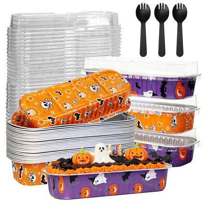 ylnurac 100Pack Halloween Mini Cake Pans Disposable Mini Loaf Pans with Lids and Spoons, 6.8Oz Aluminum Foil Pans Tins, Individual Dessert Cups Containers for Sales,Party,Picnics