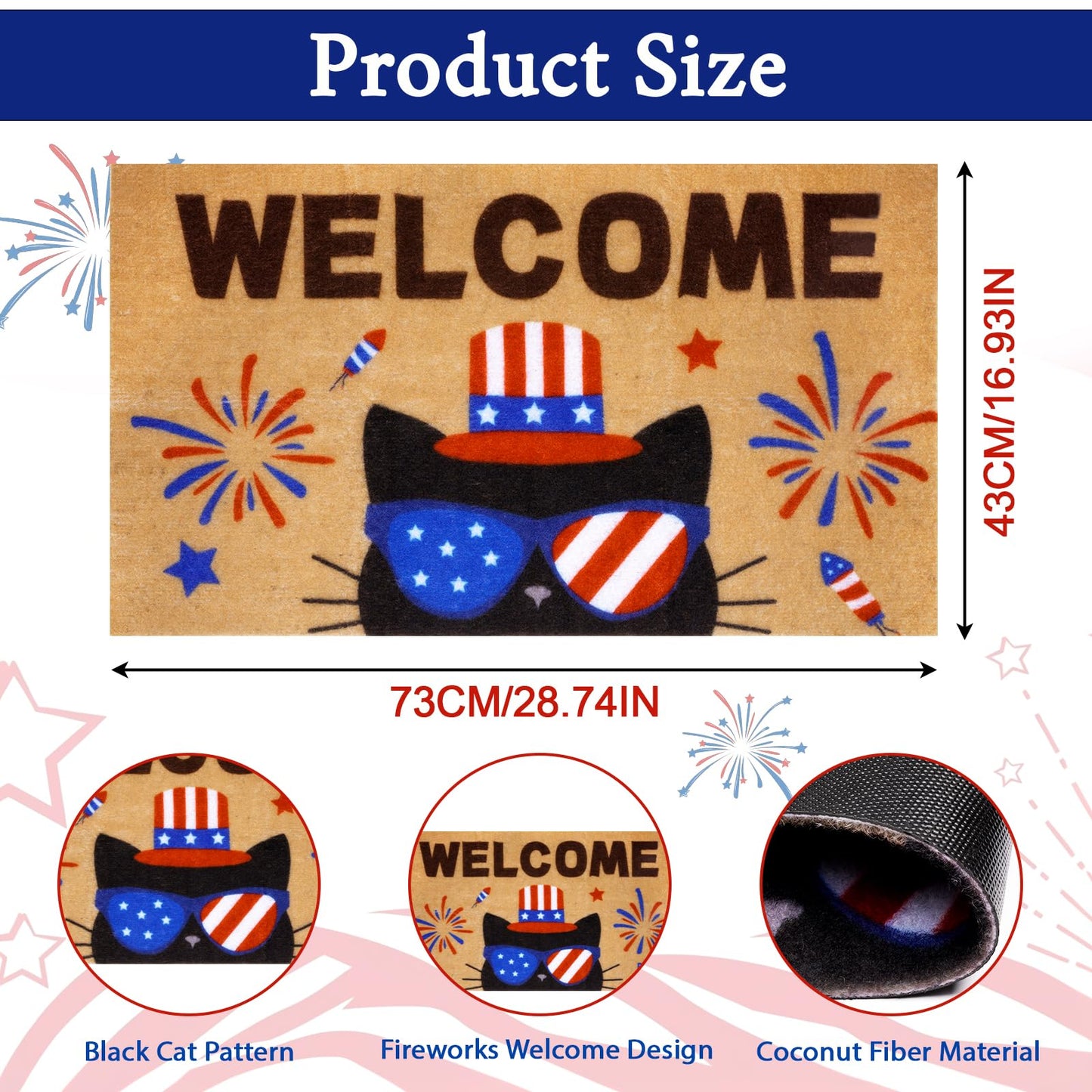 Prewplam 4th of July Patriotic Welcome Doormat- Black Cat 250th Anniversary America Coir Doormat, Front Rubber Non Slip Backing Mats for Outdoor Entryway Entrance Porch Patriotic Decor,73 x 43