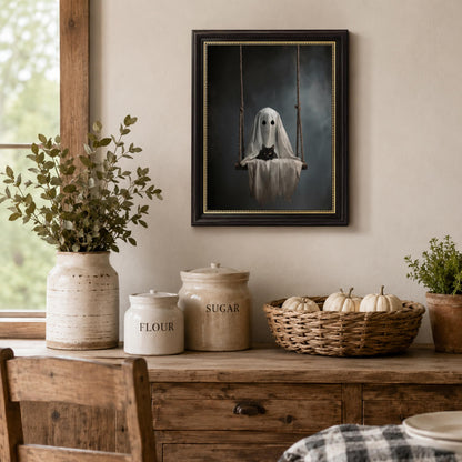 Vbaourut Framed Halloween Black Cat Wall Art, Moody Ghost on Swing Canvas Painting, Spooky Feline Poster with Dark Brown Frame and Upgraded Hook and Loop for bedroom，Study, 9x11 in