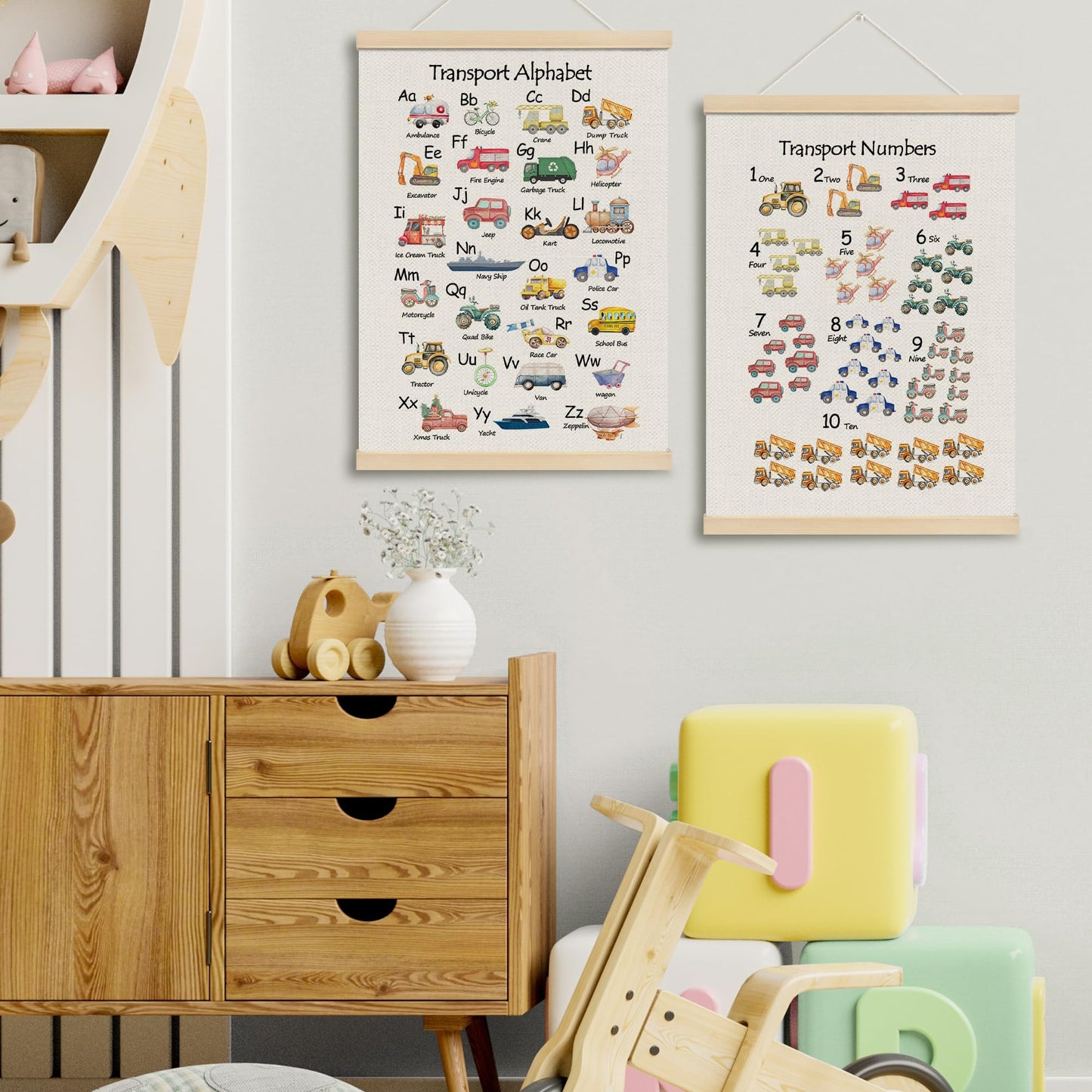 MOTERMATE Transport Alphabet Numbers Poster Hanger Frame, ABC Alphabet 1 to 10 Numbers Wall Hanging Decor Art Framed for Kids Nursery Room Classroom, Kids Wall Poster Prints, 12x16 Inch Set of 2