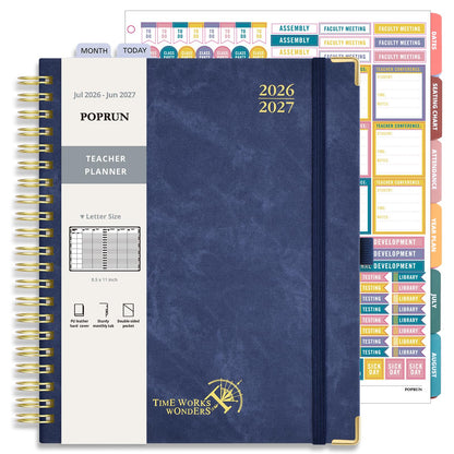 POPRUN Teacher Lesson Planner 2026-2027, Large Size 8.5"x 11", Weekly Academic Year Calendar, July 2026 - June 2027, Hardcover Classroom Agenda Calendar with Monthly Tabs, Pockets and Stickers - Night Sky Blue