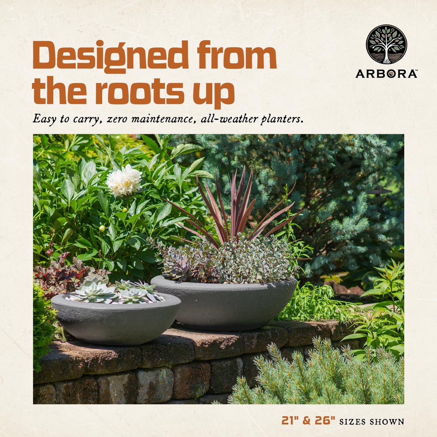 ARBORA 21" Santorini Bowl Polyresin Indoor and Outdoor Planter with Stone Blend Concrete Gray Finish - Durable, Weatherproof, Lightweight, Large Plant Pot for Patio, Garden, Deck, Entryway