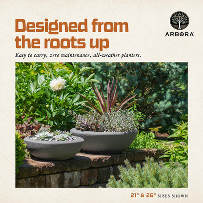 ARBORA 21" Santorini Bowl Polyresin Indoor and Outdoor Planter with Stone Blend Concrete Gray Finish - Durable, Weatherproof, Lightweight, Large Plant Pot for Patio, Garden, Deck, Entryway