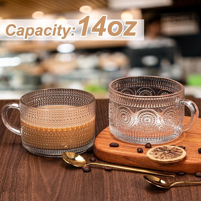 Vintage Coffee Mugs 4pcs Set, 14 Oz Glass Coffee Cups Gifts for Women, Overnight Oats containers with Bamboo Lids and Spoons,Clear Embossed Glass Cups,Cute Coffee Bar Accessories, Iced Coffee Glasses | Clear