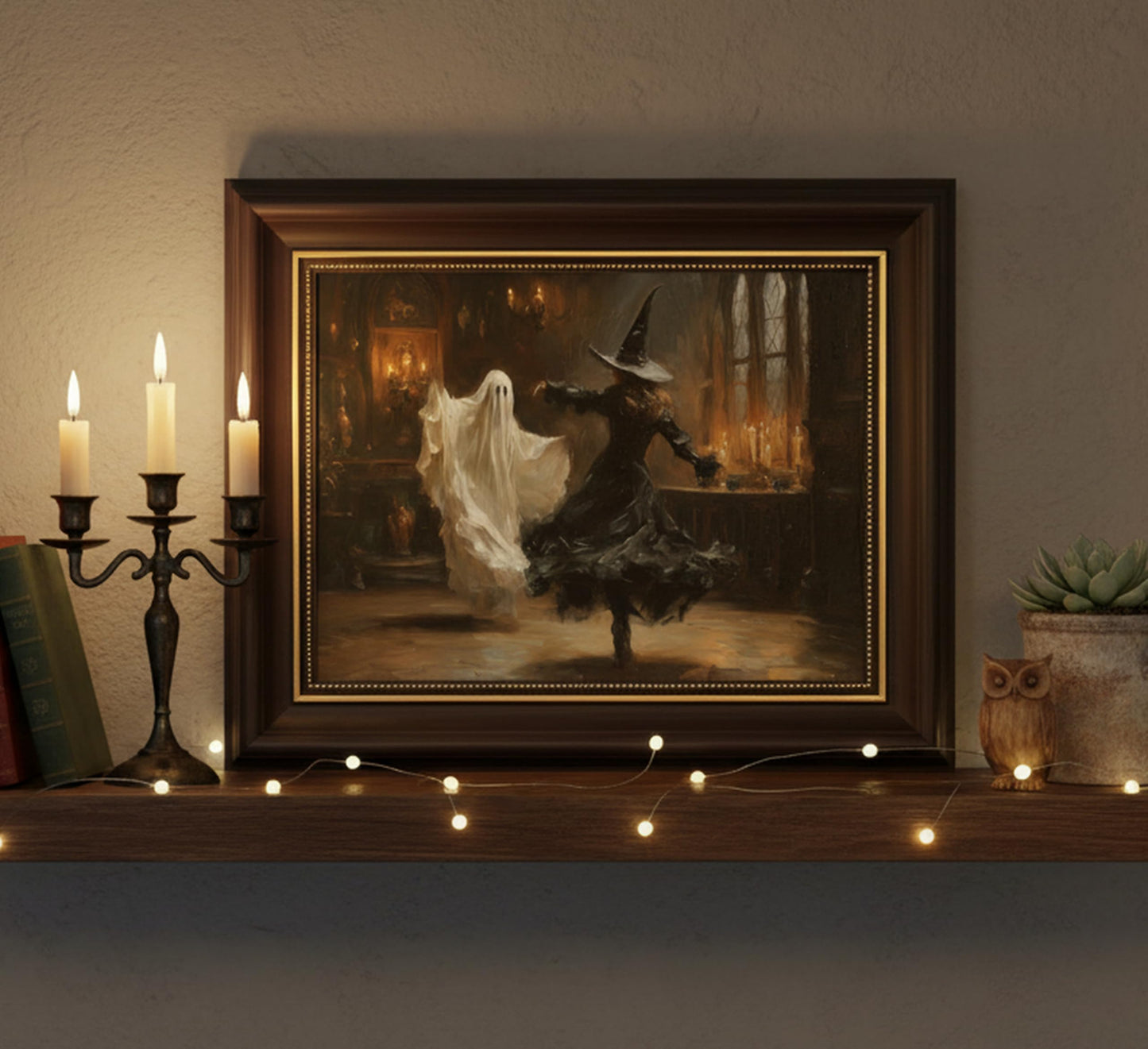 Vbaourut Framed Halloween Wall Art, Dancing Witch and Ghost Canvas Painting, Vintage Gothic Poster with Dark Brown Frame and Upgraded Hook and Loop for Bedroom, 9x11 in