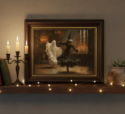 Vbaourut Framed Halloween Wall Art, Dancing Witch and Ghost Canvas Painting, Vintage Gothic Poster with Dark Brown Frame and Upgraded Hook and Loop for Bedroom, 9x11 in