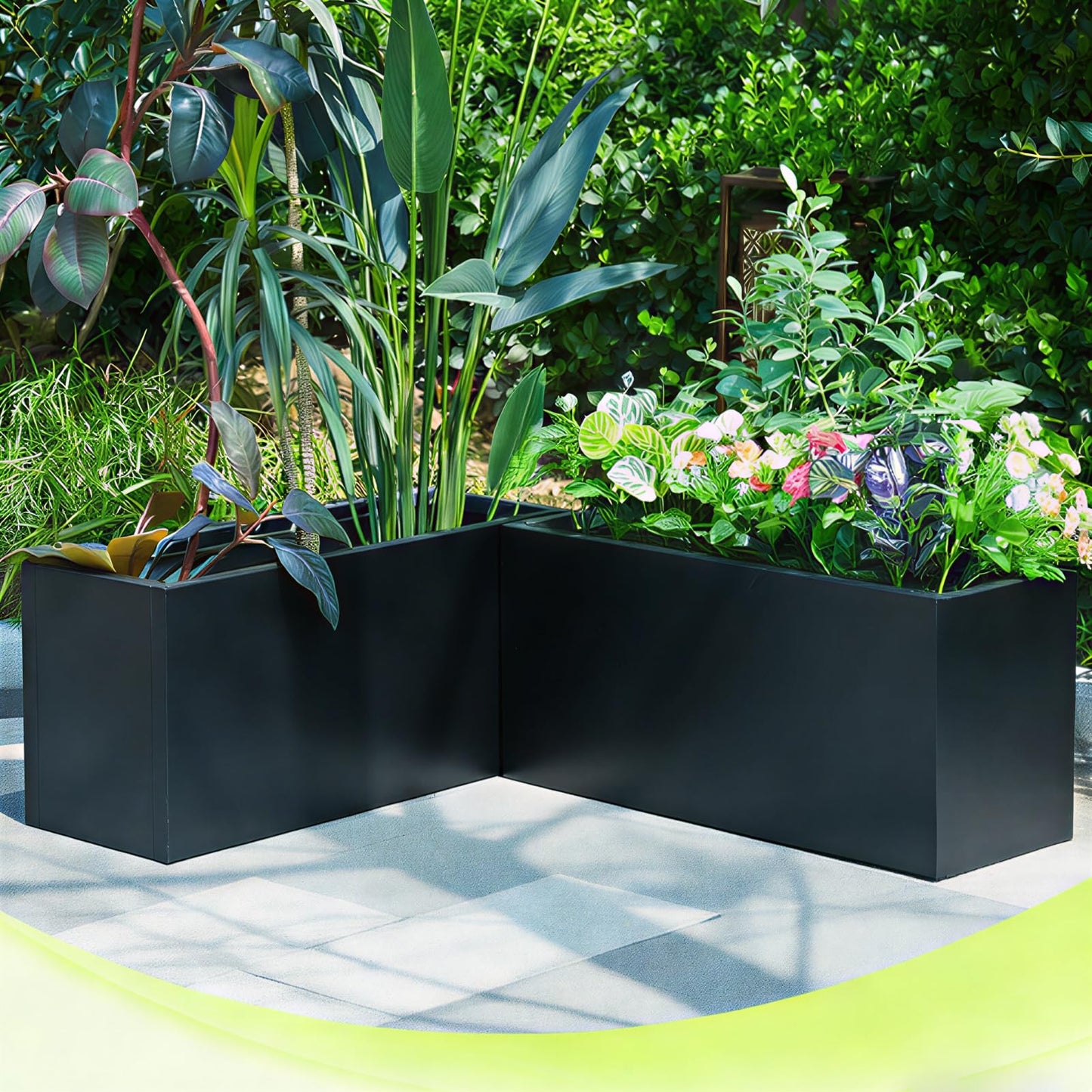 XHIKOWAT Large Rectangular Metal Planter Boxes with Plastic Inner Pot & Wheels - 33" Lx12 Wx14 H Balcony Flower Bed with Drainage Holes & Drip Tray for Outdoor Indoor Garden Patio Porch Lawn, Black